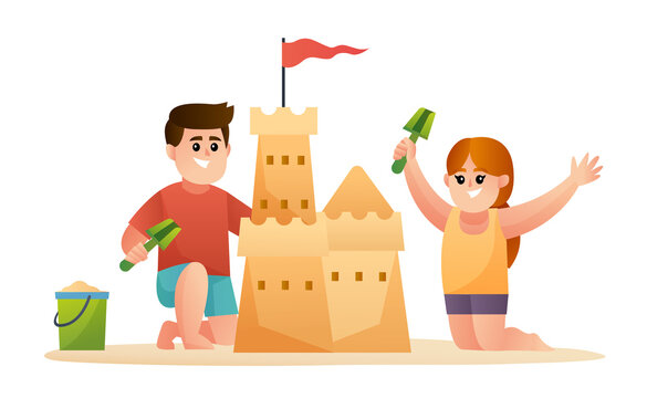 Illustration of two cute kids building sand castle