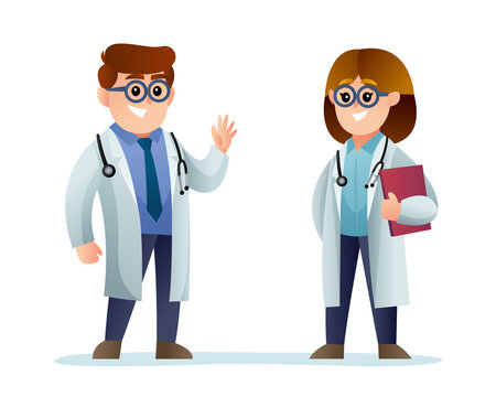 Cute male and female doctor cartoon characters