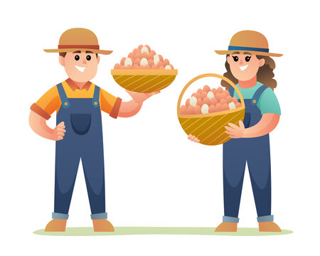 Cute boy and girl of chicken farmer holding basket filled with eggs cartoon characters