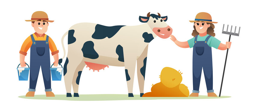 Cute boy and girl of cow farmer with dairy cow and grain cartoon illustration