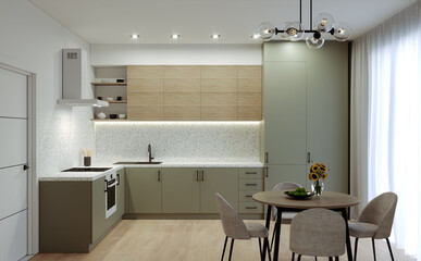 Modern kitchen in pastel colors. Kitchen furniture design. Dining table on the background of the kitchen.