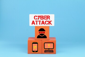 colored cubes with icons of computers, smartphones and robbers with the words CYBER ATTACK