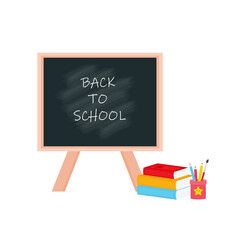 the blackboard in the classroom school supplies stationery, pencil case, pencil case, pen, pile of books, notebook, notebook textbook,school bag,Palettes and brushes in art . vector illustration