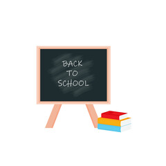 the blackboard in the classroom school supplies stationery, pencil case, pencil case, pen, pile of books, notebook, notebook textbook,school bag,Palettes and brushes in art . vector illustration