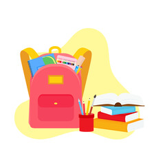 classroom school supplies stationery, pencil case, pen, pile of books, photorealistic literature,notebook, notebook textbook,school bag,Palettes and brushes in art,colored pencils. vector illustration