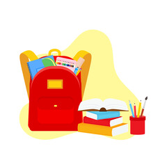 classroom school supplies stationery, pencil case, pen, pile of books, photorealistic literature,notebook, notebook textbook,school bag,Palettes and brushes in art,colored pencils. vector illustration