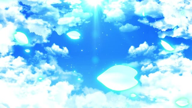 光が注ぐ青空と宙にまう幻想的な花びらの動画　4K　LOOP