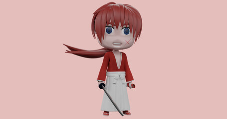 3D illustration of samurai character with X shaped scar. Holding Katana Sword. Cartoon character 3D rendering