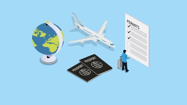 Businessman filling visa form near airplane