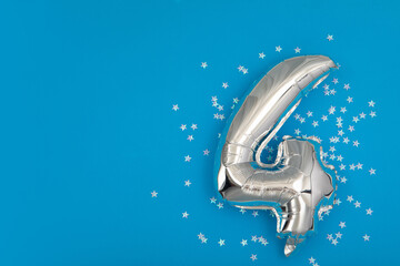 Silver balloon 4 on a blue background with confetti stars. Number four 4. Holiday Party Decoration...