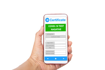 Hand holding smartphone showing Covid-19 fit to fly electronic medical certificate.