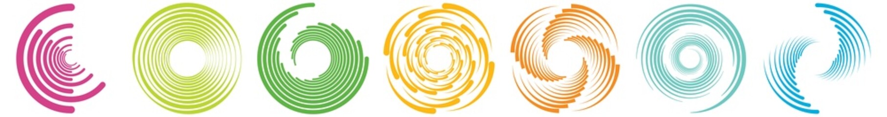 Spiral, swirl, twirl, vortex icon, shape. Concentric circles, rings. Abstract geometric shapes with rotation effect