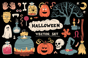 Vector cartoon set on the theme of Halloween with flat illustrations of pumpkins, ghosts, sweets, potions, bones, skull. Colorful sketches for use in design