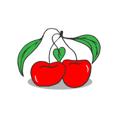 red cherry with green leaves illustration on white background. hand drawn vector. fresh and shinny fruit. doodle art for logo, label, poster, wallpaper, banner, clipart, sticker, advertising, cover. 