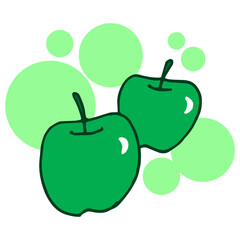 two green apples illustration with green color circle on white background. fresh fruit, sweet taste. hand drawn vector. doodle art for wallpaper, poster, banner, logo, clipart, decoration, sticker. 