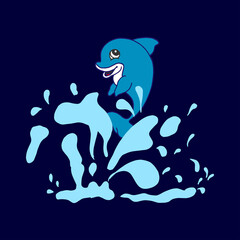 jumping dolphin in the sea illustration with blue wave on blue dark background. hand drawn vector. animal sea, cute and funny. doodle art for wallpaper, poster, wall decoration, logo, clipart, banner.