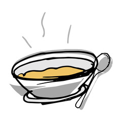 bowl with hot soup and spoon illustration on white background. hand drawn vector. appetizer soup, restaurant menu. doodle art for logo, label, clipart, poster, banner, advertising. delicate food. 