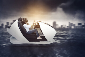 Woman driving a futuristic car on the flood city