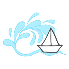 Fototapeta na wymiar sailboat in the sea illustration on white background. wave and sailboat icon. hand drawn vector. nature background. doodle art for wallpaper, poster, banner, advertising, logo, cover, clipart. 