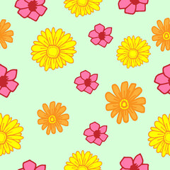 Fototapeta na wymiar seamless pattern with beautiful flower illustration on blue background. yellow, orange and pink color. hand drawn vector. doodle art for wallpaper, wall decoration, backdrop, fabric, wrapping paper. 