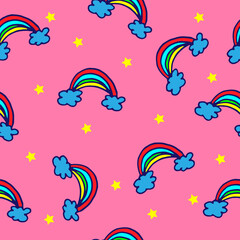 seamless pattern with rainbow and yellow stars on pink background. hand drawn vector. cute and fresh. kids fashion, interior. doodle art for wallpaper, backdrop, fabric, textile, wrapping paper. 