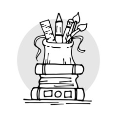 school supplies illustration, trophy icon. hand drawn vector. championship for student. doodle art for logo, label, sticker, clipart, cover, poster, banner. stationery for school. stacks of book, pen