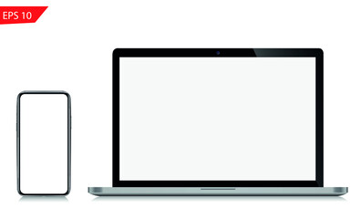 Set of realistic computer monitors, laptops, mobile phones. Electronic gadgets isolated on transparent background - super high detailed photorealistic esp 10 vector