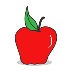 red apple with green leaf illustration on white background. fresh and sweet fruit. shiny with shadow. hand drawn vector. doodle art for logo, label, sticker, clipart, poster, banner, advertising. 