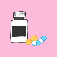 pills, capsules and medicine bottle illustration on pink background. health care icon. vitamin for disease prevention. doodle art for poster, banner, logo, label. editable, medicine for sickness. 