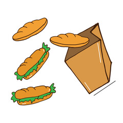 bread with paper bag illustration on white background. flying bread, bakery icon. croissant and sandwich. hand drawn vector. doodle art for logo design, poster, banner, advert, flyer. business design.