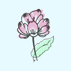 beautiful pink flower with green leaf illustration on blue background. hand drawn vector. pastel color. nature background. doodle art for wallpaper, poster, greeting and invitation card, postcard. 
