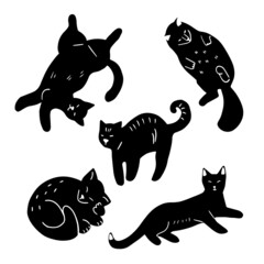 Set of doodle cats in different poses. Hand drawn collection of various black and white cat silhouettes. Flat vector illustration