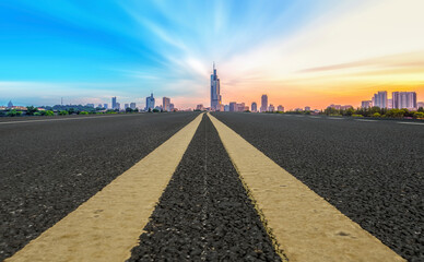 Skyline of Highway Pavement and Nanjing Architecture