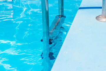 Steel railings stairs in the clear blue water of the swimming pool