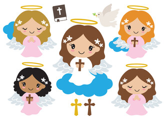 Cute little girl baptism angels praying and holding cross vector illustration.