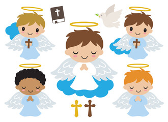 Cute little boy baptism angels praying and holding cross vector illustration.