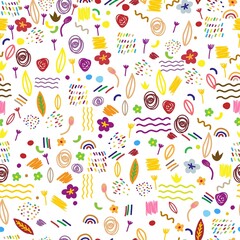 Decorative abstract seamless pattern with colorful doodles. Hand-drawn modern primitive style collection