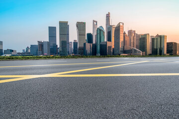 Empty Asphalt Road Through Modern City of Shanghai, China..