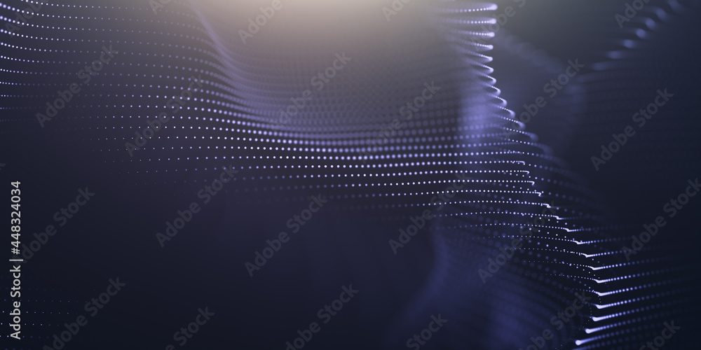 Poster abstract colorful digital particles wave with bokeh and light background, 3d render wave line dot ba