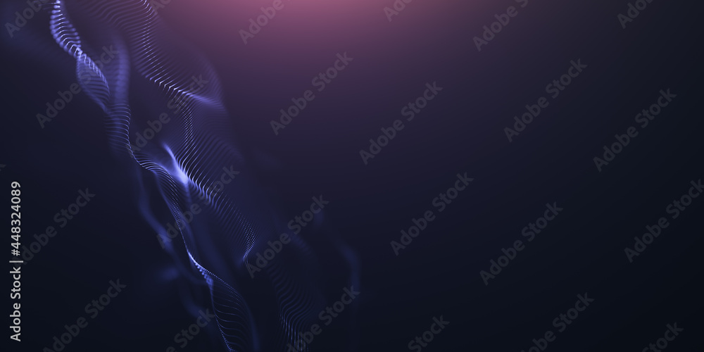 Poster abstract colorful digital particles wave with bokeh and light background, 3d render wave line dot ba