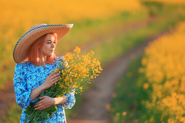 bouquet of wildflowers girl summer female, nature woman outside in dress, sunny yellow happiness