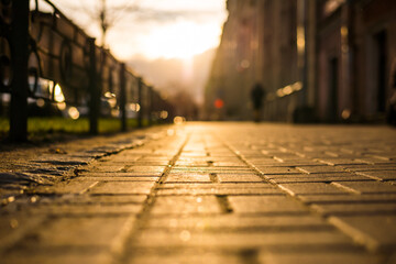 Streets in the light of the autumn sun, pedestrians walk on the sidewalk. The view from the...