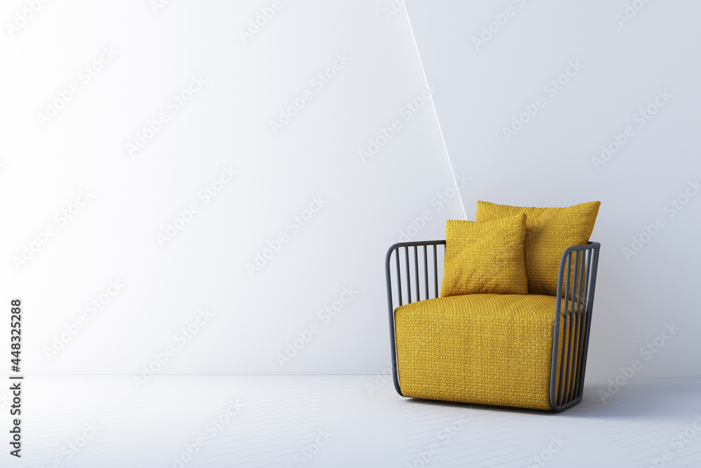 Poster yellow and gray color chairs, sofa, armchair in empty background. surrounding by geometric shape con