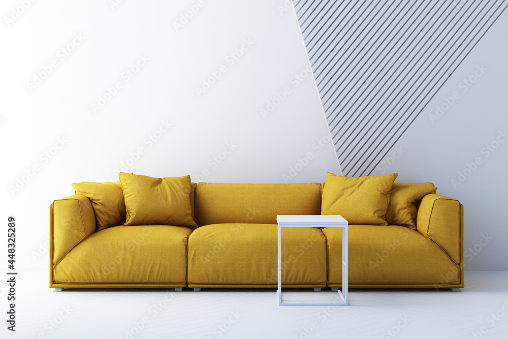 Poster yellow and gray color chairs, sofa, armchair in empty background. surrounding by geometric shape con