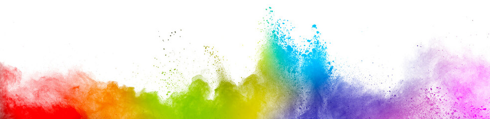 Colorful rainbow holi paint. Vivid color powder explosion isolated on white wide panorama background.