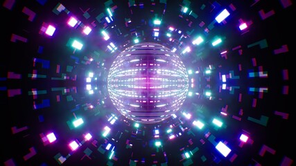 Glowing and Shining Disco Mirror Ball in Neon Light Tunnel Inside