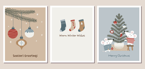 Set of winter holiday greeting cards with cute mice, Christmas tree, socks, and Christmas ornaments in trendy dusty pastel colors. Winter holiday greeting card templates.