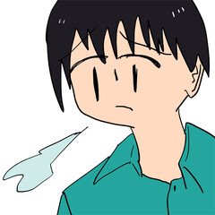 ため息を吐く下がり眉の短髪の人物