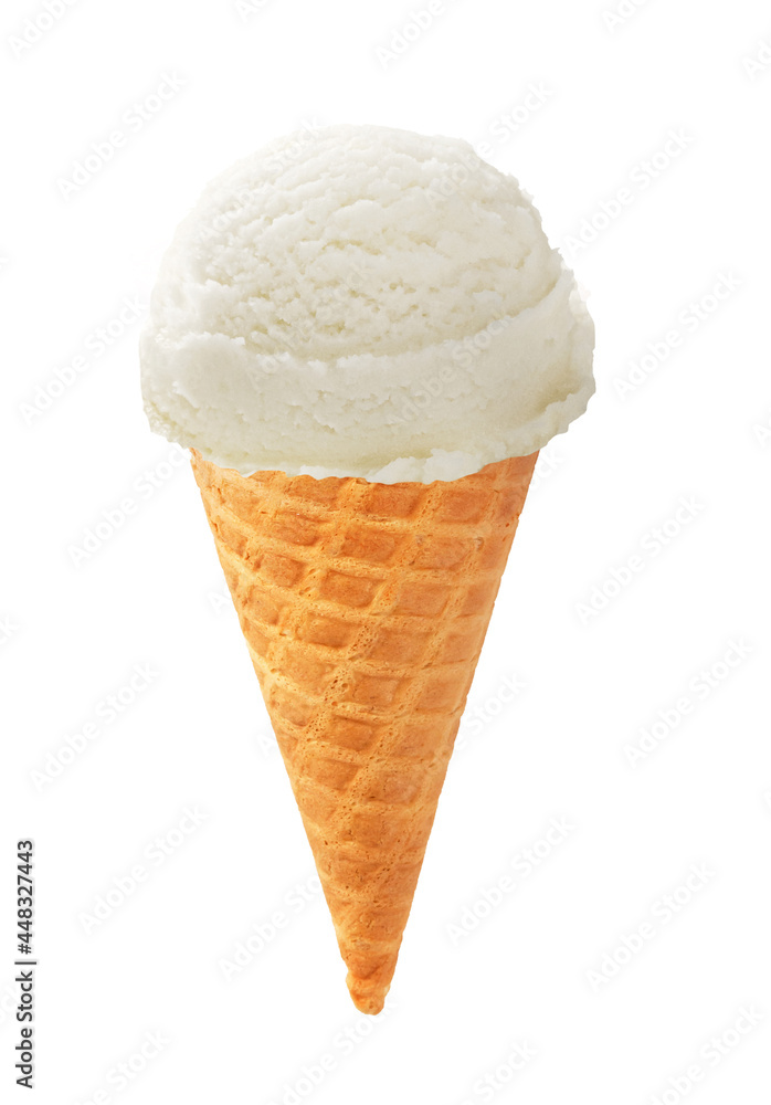 Aufkleber a scoop of white ice cream in a waffle cone isolated. ice cream on white background. perfect image o