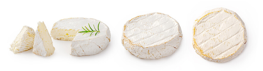 Fresh camembert cheese with sliced camembert isolated. Camembert cheese piece with rosemary on...